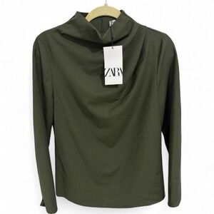 Zara Olive Green Mock Neck Long Sleeve‎ Top Minimalist Elegant Blouse